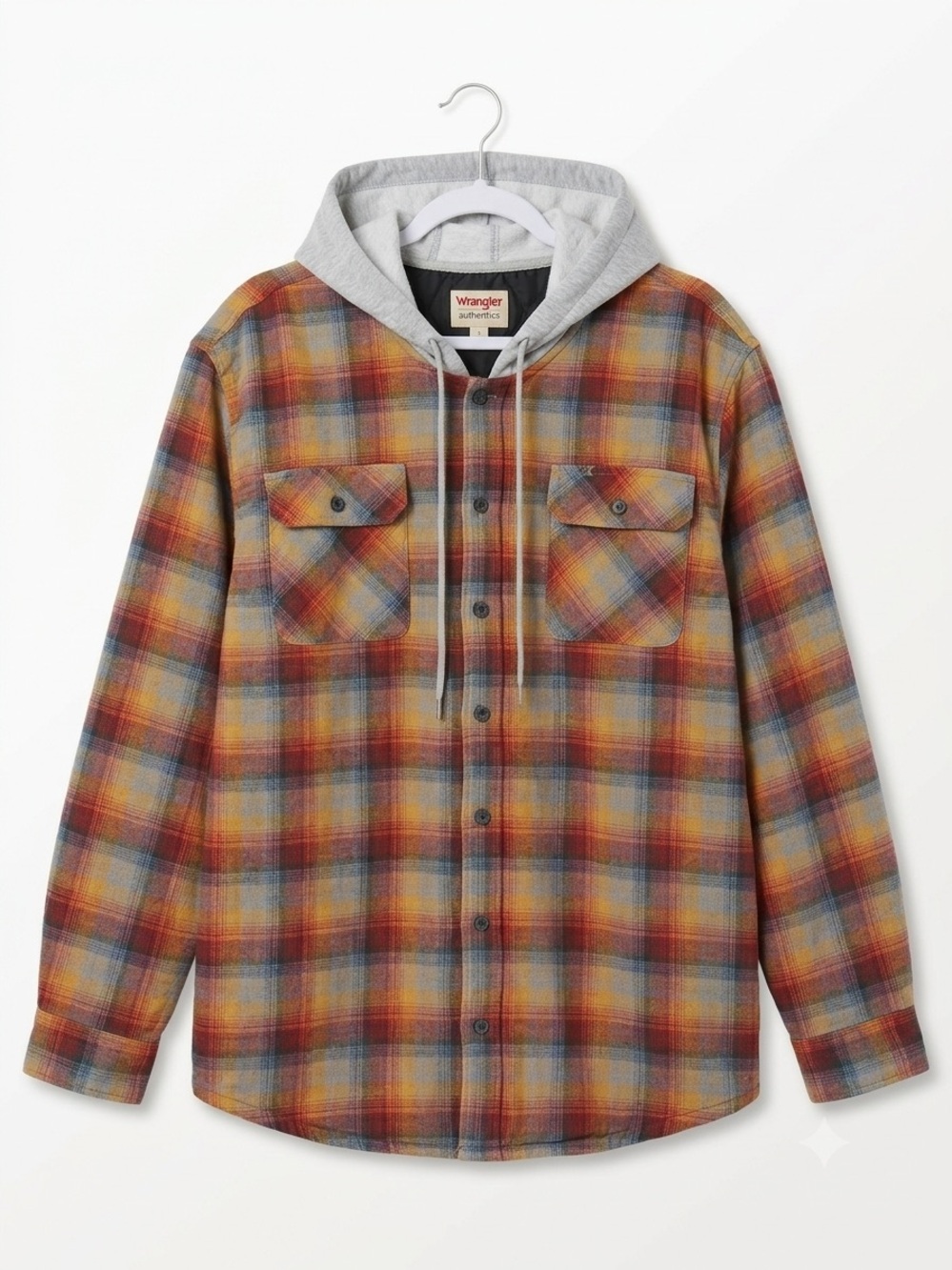 Wrangler Authentics Mens 2XL Plaid Quilted Lined Hooded Flannel Shirt Jacket